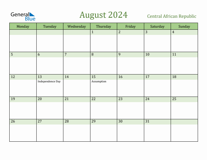 August 2024 Calendar with Central African Republic Holidays
