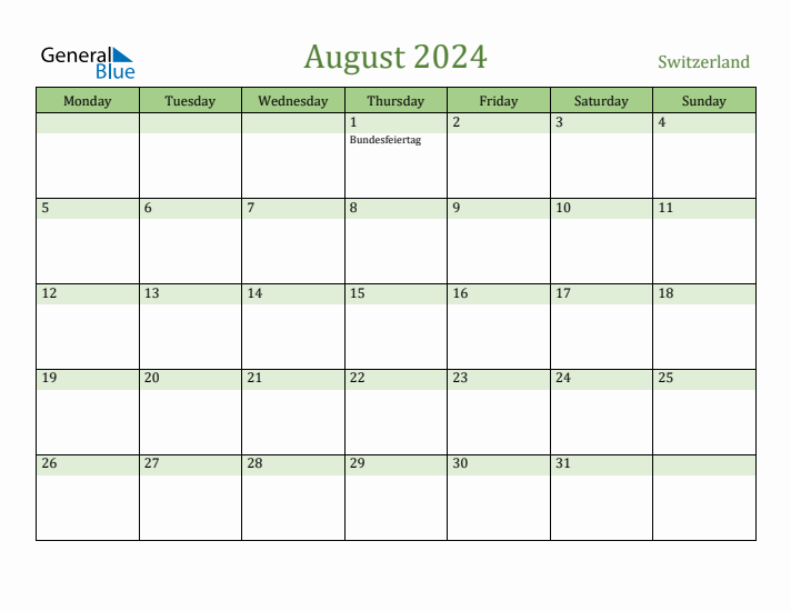 August 2024 Switzerland Monthly Calendar with Holidays