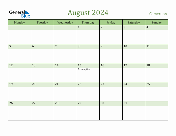 August 2024 Calendar with Cameroon Holidays