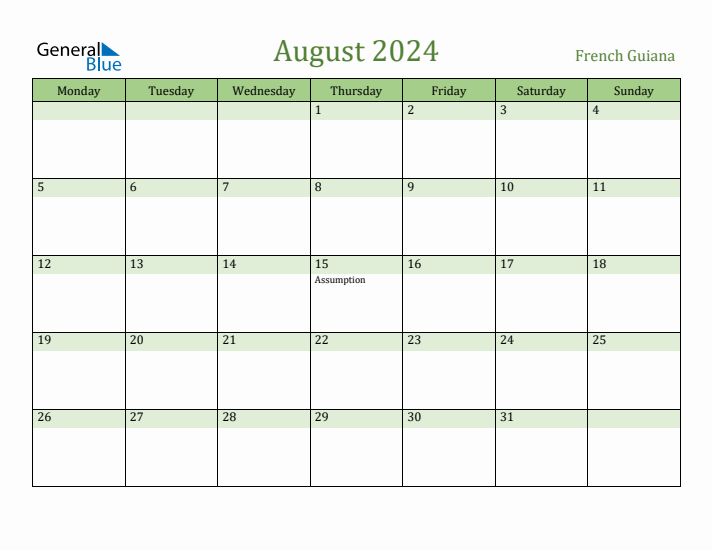 August 2024 Calendar with French Guiana Holidays