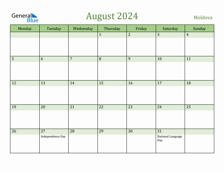 August 2024 Calendar with Moldova Holidays