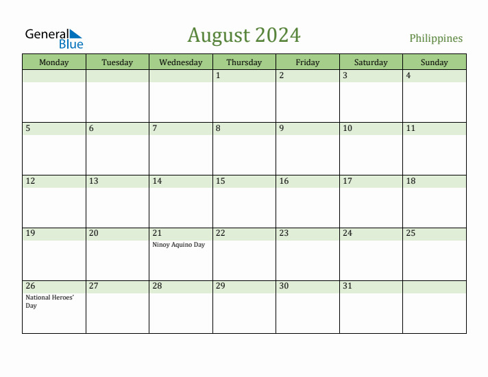 August 2024 Calendar with Philippines Holidays