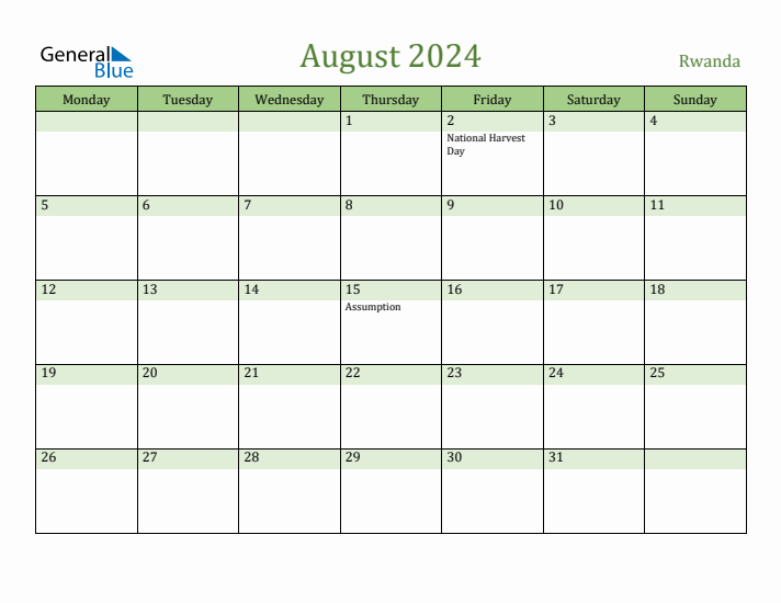 August 2024 Calendar with Rwanda Holidays