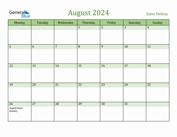 August 2024 Calendar with Saint Helena Holidays