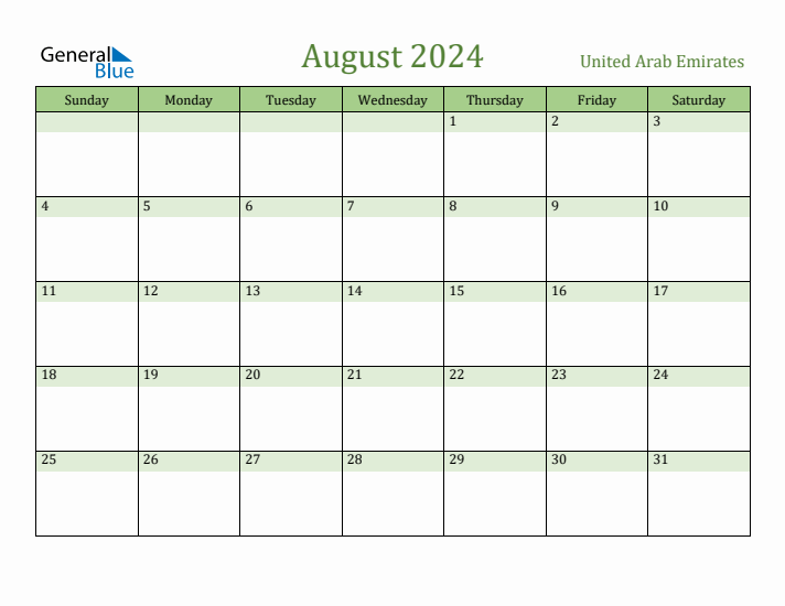 August 2024 Monthly Calendar with United Arab Emirates Holidays