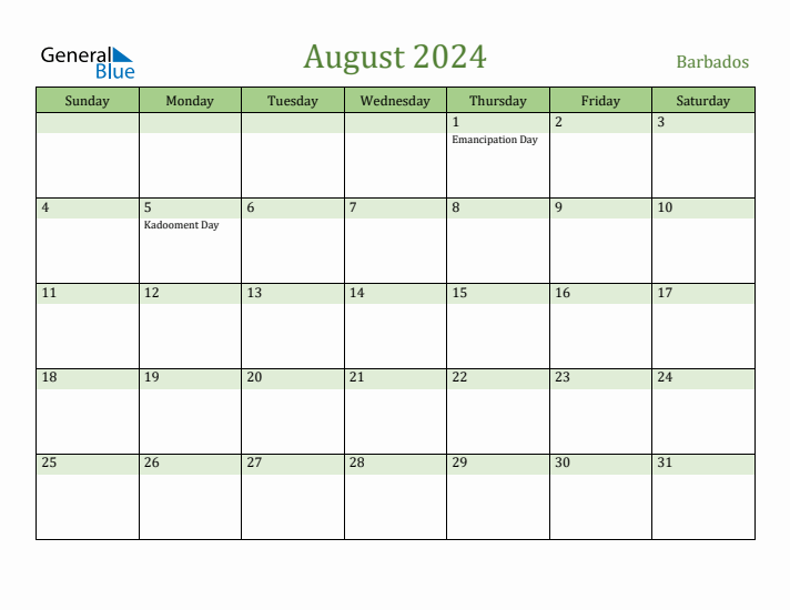 August 2024 Calendar with Barbados Holidays