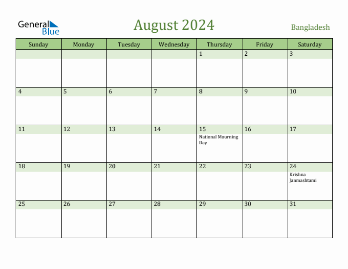 August 2024 Calendar with Bangladesh Holidays