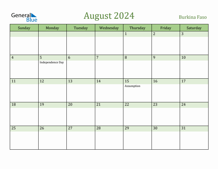August 2024 Calendar with Burkina Faso Holidays