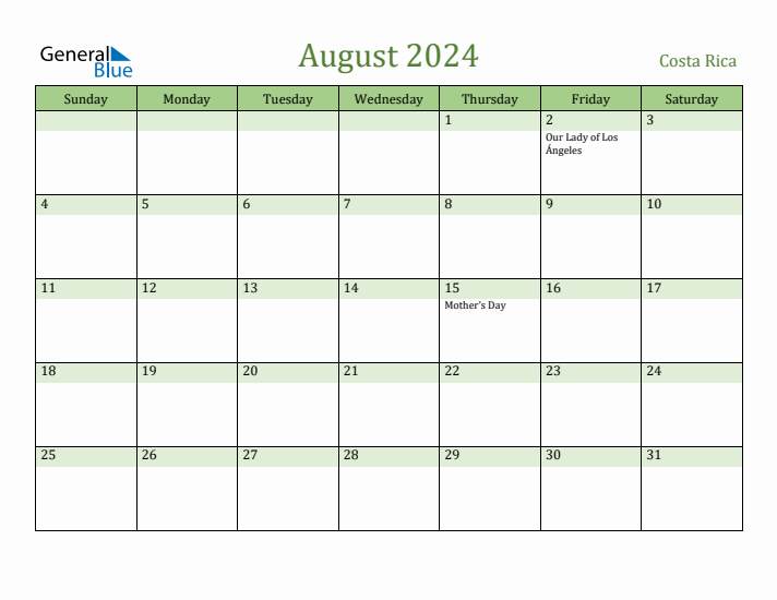 August 2024 Calendar with Costa Rica Holidays