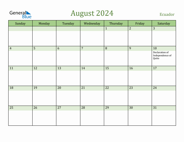 August 2024 Calendar with Ecuador Holidays