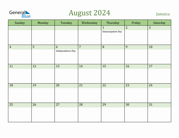 Fillable Holiday Calendar for Jamaica August 2024