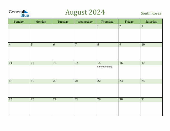 August 2024 Calendar with South Korea Holidays