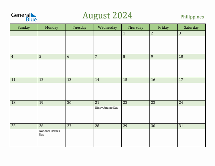 Fillable Holiday Calendar for Philippines August 2024
