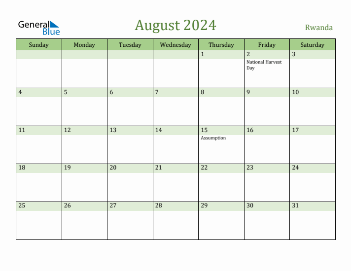 August 2024 Calendar with Rwanda Holidays