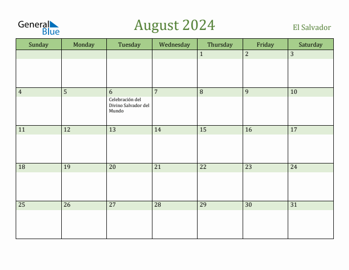 August 2024 Calendar with El Salvador Holidays