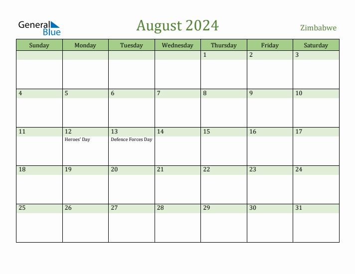 August 2024 Calendar with Zimbabwe Holidays