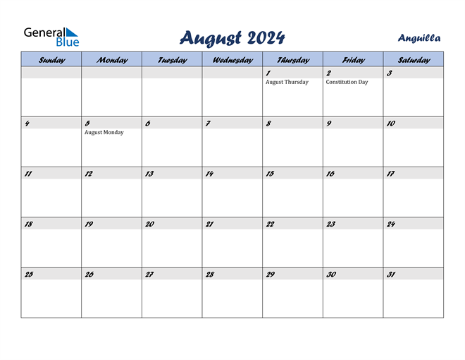 Anguilla August 2024 Calendar with Holidays