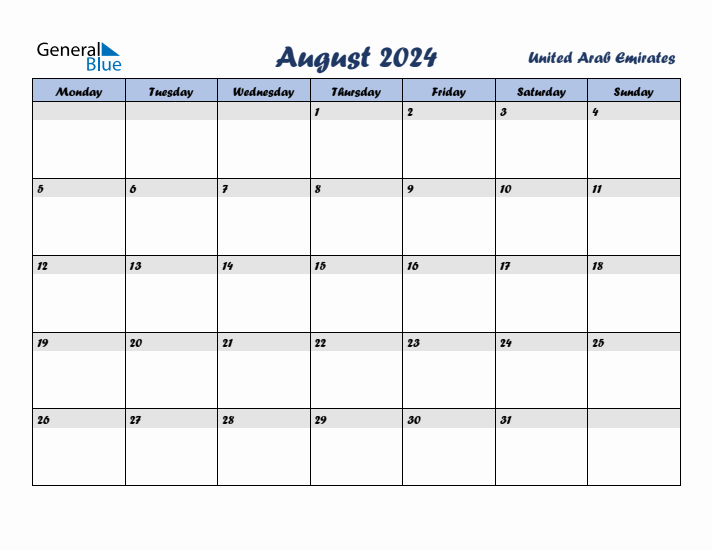 August 2024 Monthly Calendar Template with Holidays for United Arab