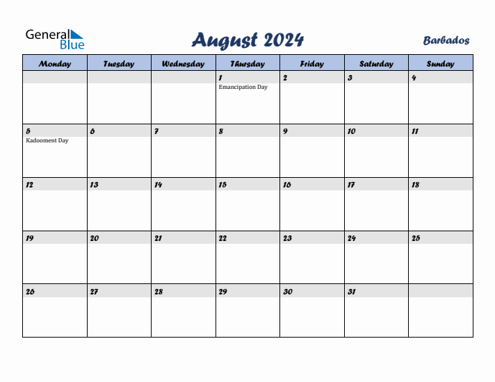 August 2024 Calendar with Holidays in Barbados