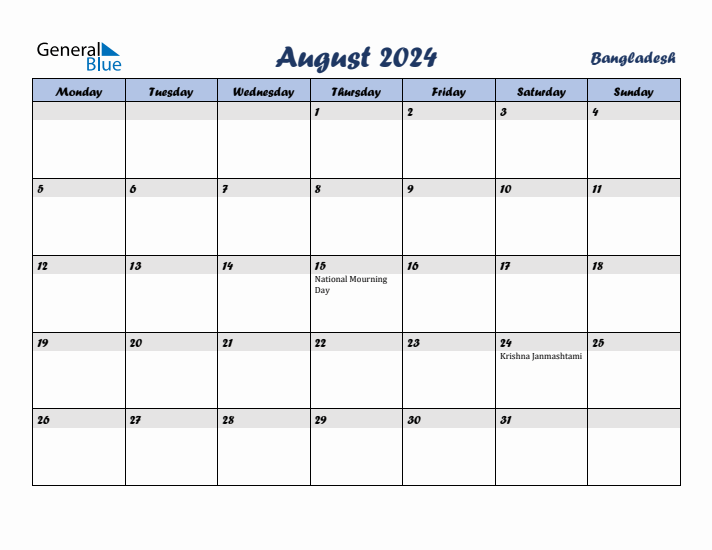 August 2024 Calendar with Holidays in Bangladesh