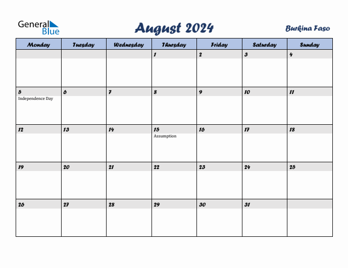 August 2024 Calendar with Holidays in Burkina Faso