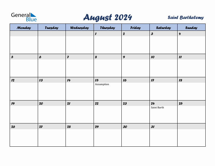 August 2024 Calendar with Holidays in Saint Barthelemy