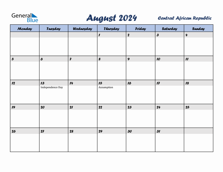 August 2024 Calendar with Holidays in Central African Republic