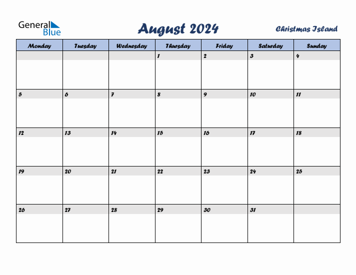 August 2024 Calendar with Holidays in Christmas Island