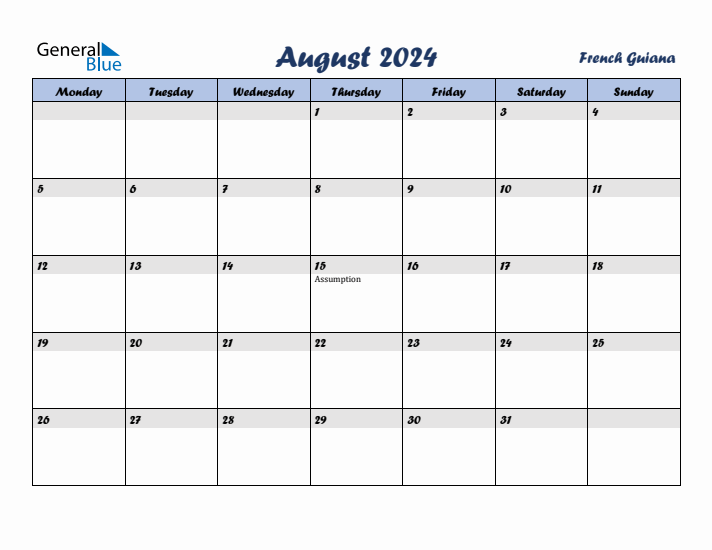 August 2024 Calendar with Holidays in French Guiana