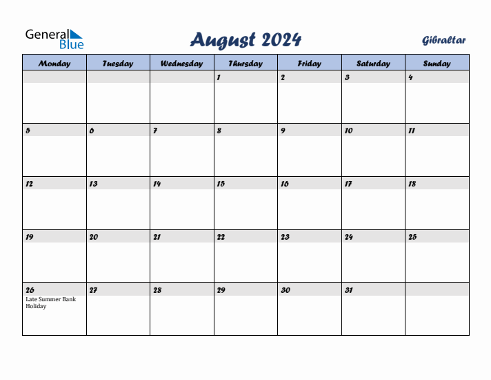 August 2024 Calendar with Holidays in Gibraltar