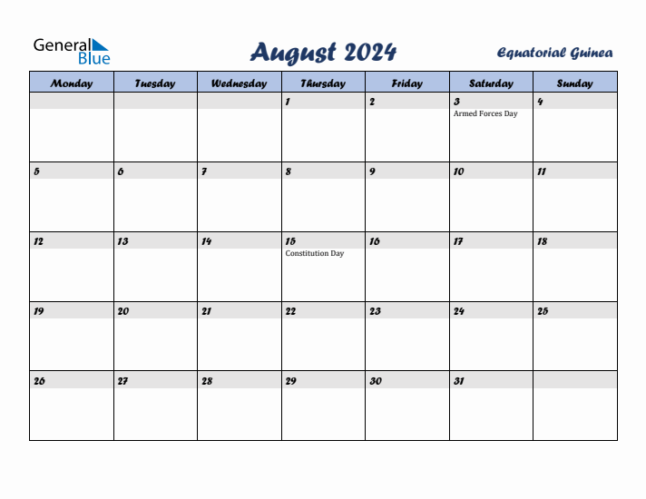 August 2024 Calendar with Holidays in Equatorial Guinea
