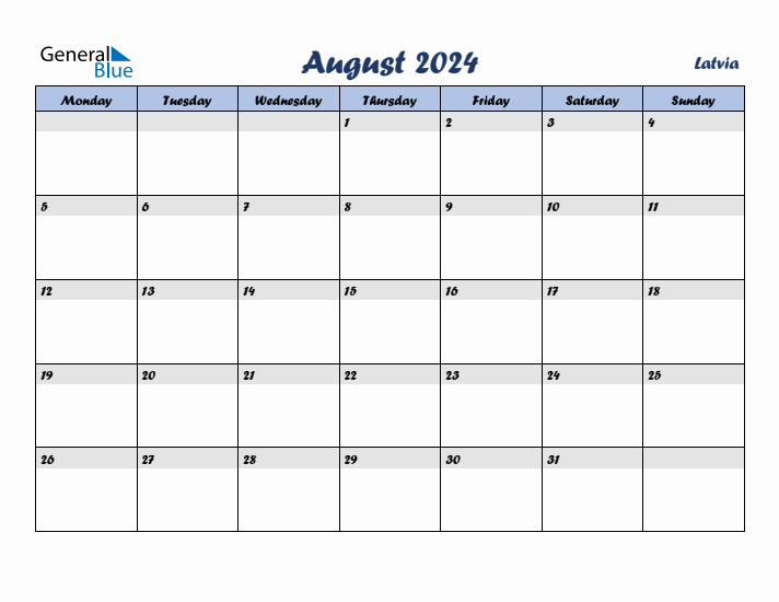 August 2024 Calendar with Holidays in Latvia