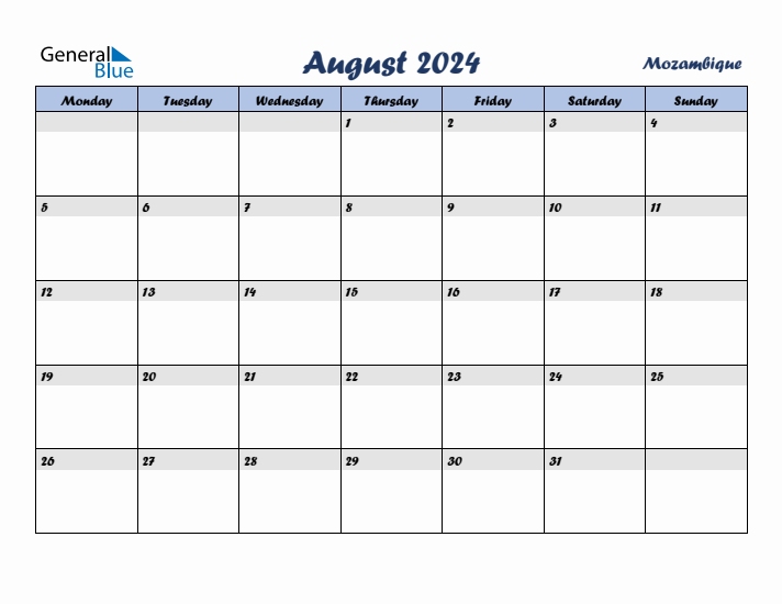August 2024 Calendar with Holidays in Mozambique