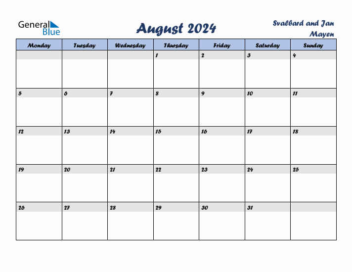 August 2024 Calendar with Holidays in Svalbard and Jan Mayen