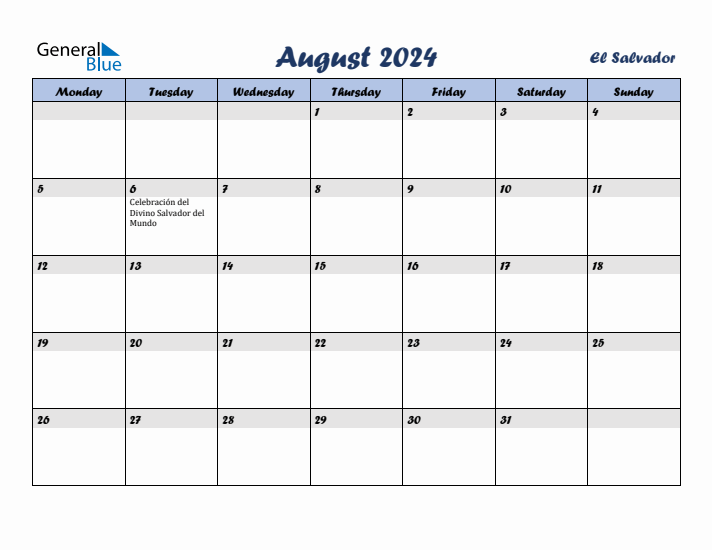 August 2024 Calendar with Holidays in El Salvador