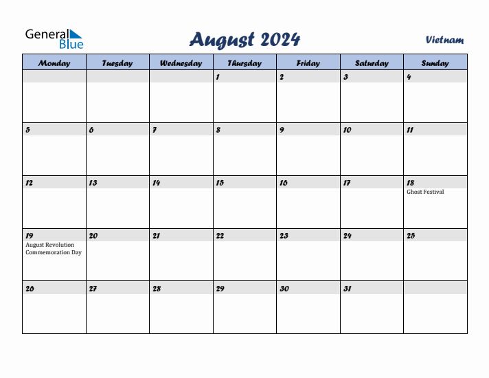 August 2024 Calendar with Holidays in Vietnam