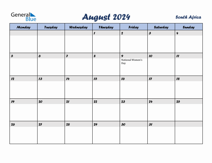 August 2024 Monthly Calendar Template with Holidays for South Africa