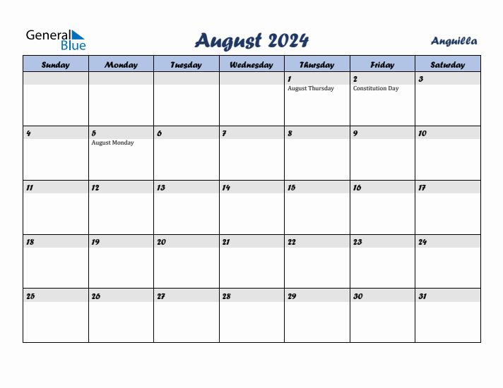 August 2024 Calendar with Holidays in Anguilla
