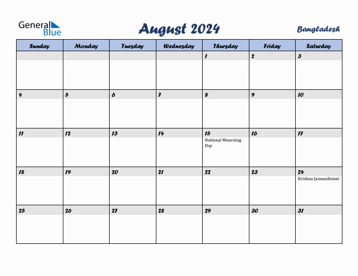 August 2024 Calendar with Holidays in Bangladesh