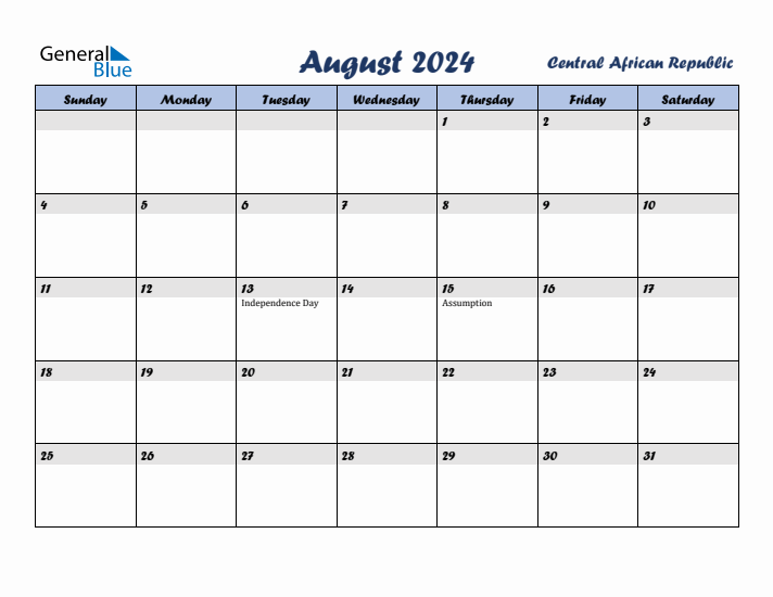 August 2024 Calendar with Holidays in Central African Republic