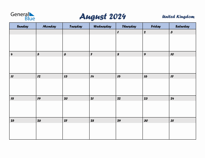 August 2024 Calendar with Holidays in United Kingdom