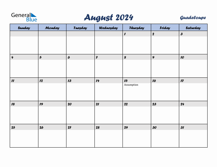 August 2024 Calendar with Holidays in Guadeloupe