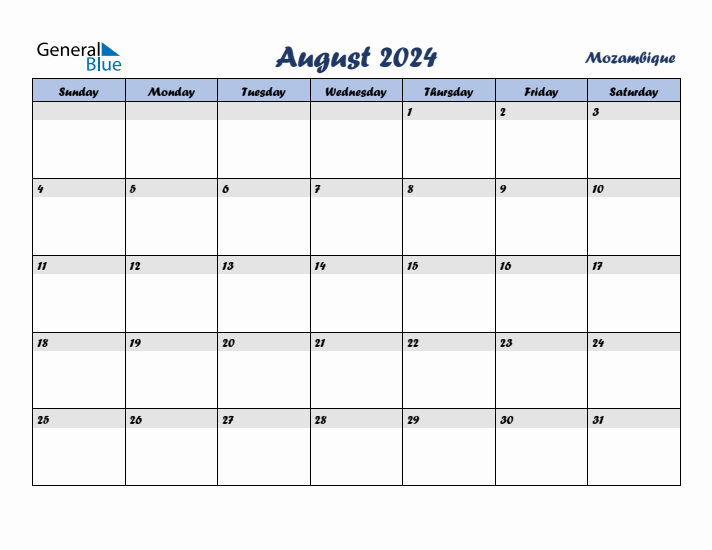 August 2024 Calendar with Holidays in Mozambique