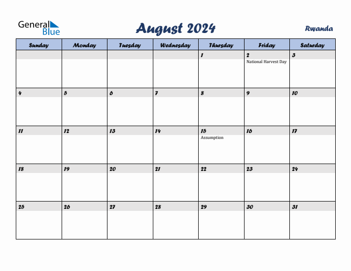 August 2024 Calendar with Holidays in Rwanda