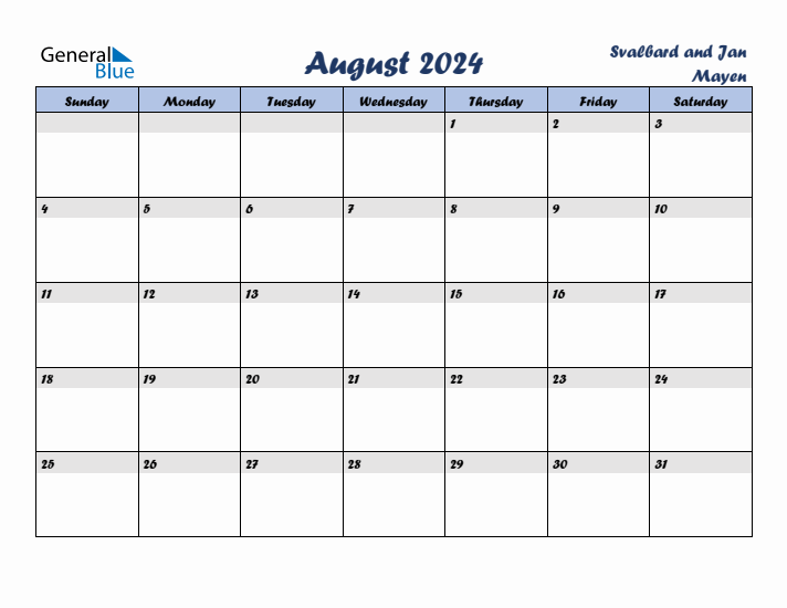 August 2024 Calendar with Holidays in Svalbard and Jan Mayen