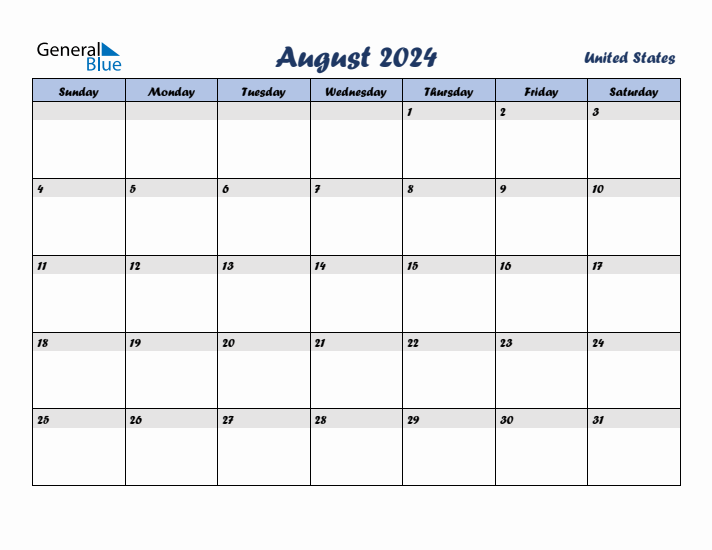 August 2024 Calendar with Holidays in United States