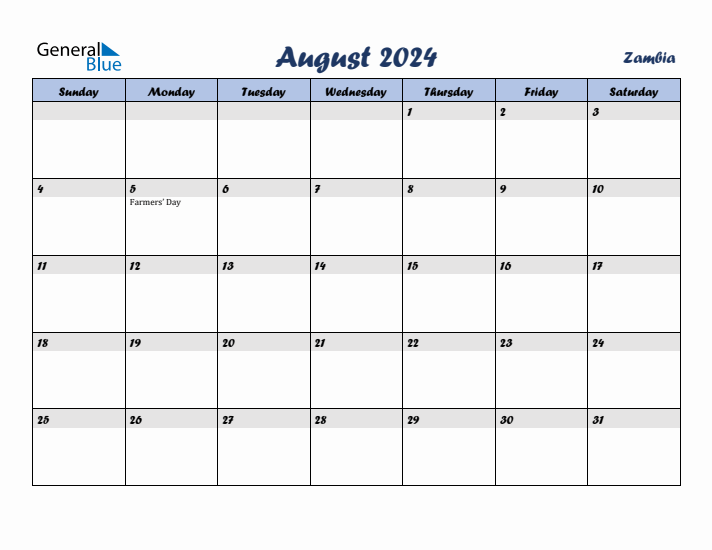 August 2024 Calendar with Holidays in Zambia