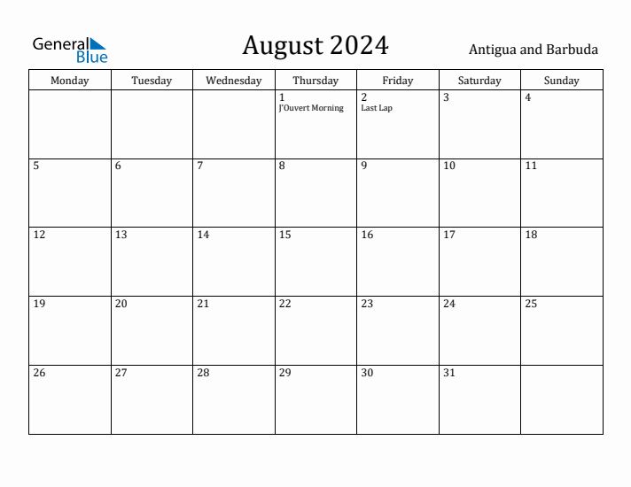 August 2024 Calendar Antigua and Barbuda