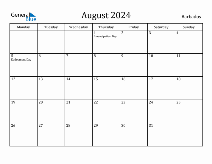 August 2024 Barbados Monthly Calendar with Holidays