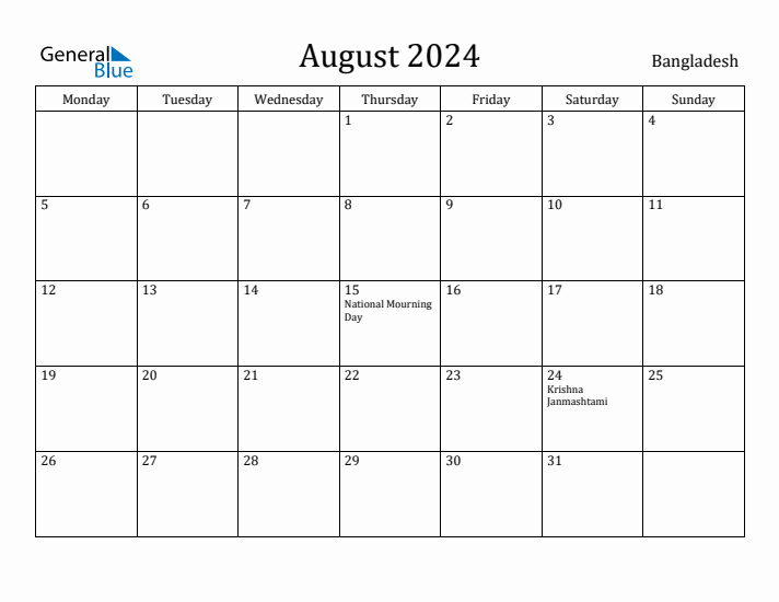 August 2024 Calendar Bangladesh